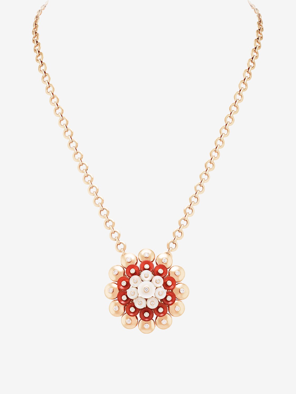 Bouton d'Or pendant, 18K rose gold, carnelian, white mother-of-pearl, round diamonds, craftsmanship Bouton d'Or collection, Van Cleef & Arpels