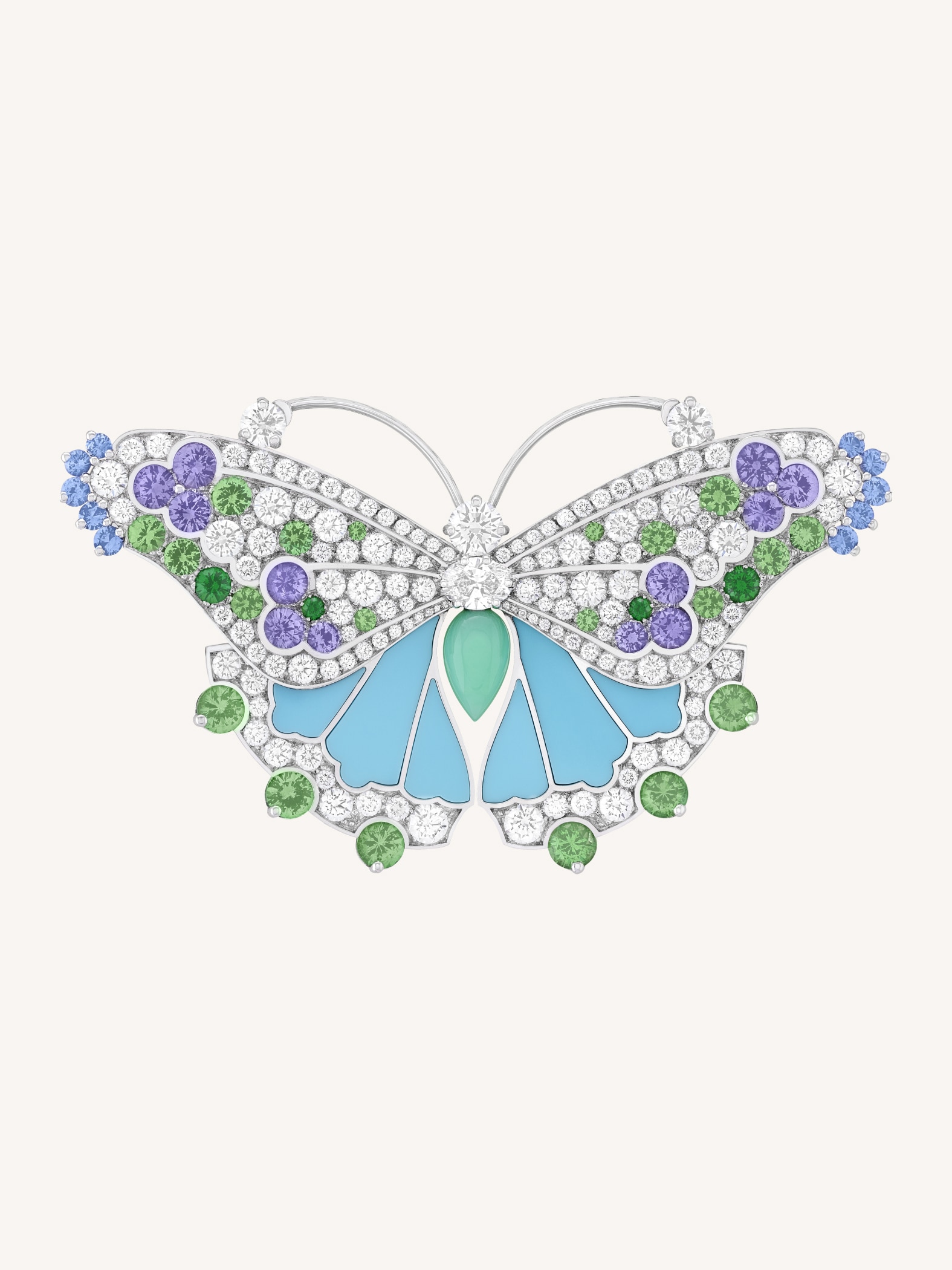 Cybèle butterfly clip, white gold, blue and mauve sapphires, tsavorite garnets, turquoise, chrysophrase, diamonds. Butterflies collection, Van Cleef & Arpels.